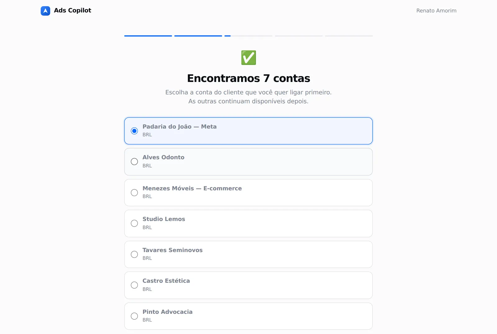Ativação lendo as contas na Meta